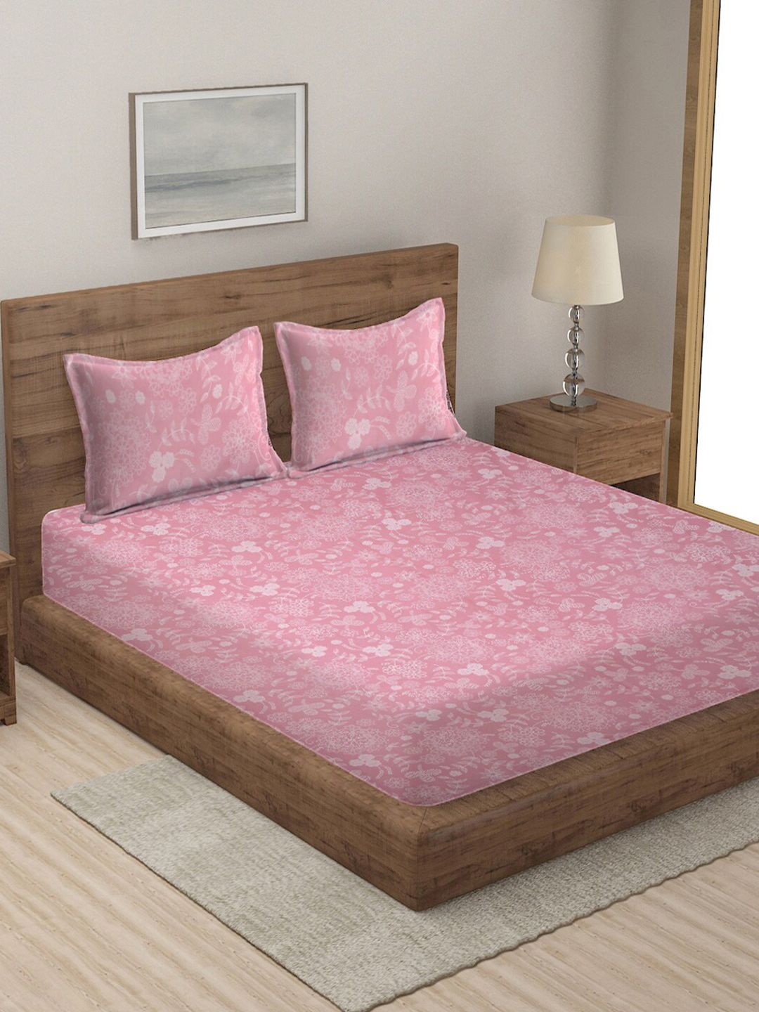 KLOTTHE Pink & White Floral 210 TC Double King Bedsheet with 2 Pillow Covers Price in India