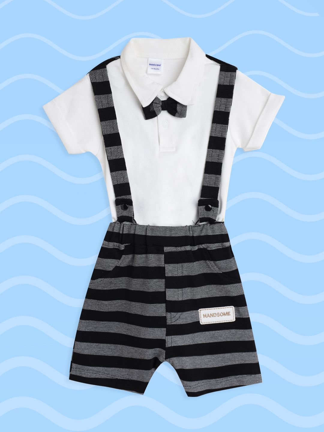 Moms Love Infant Boys White & Black Striped Bow-Tie Applique Cotton Clothing Set