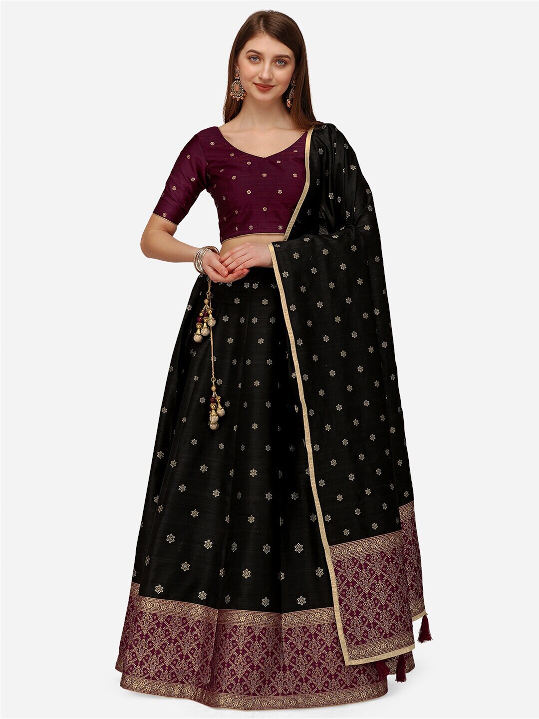 NAKKASHI Black & Maroon Semi-Stitched Banarasi Lehenga & Unstitched Blouse With Dupatta Price in India