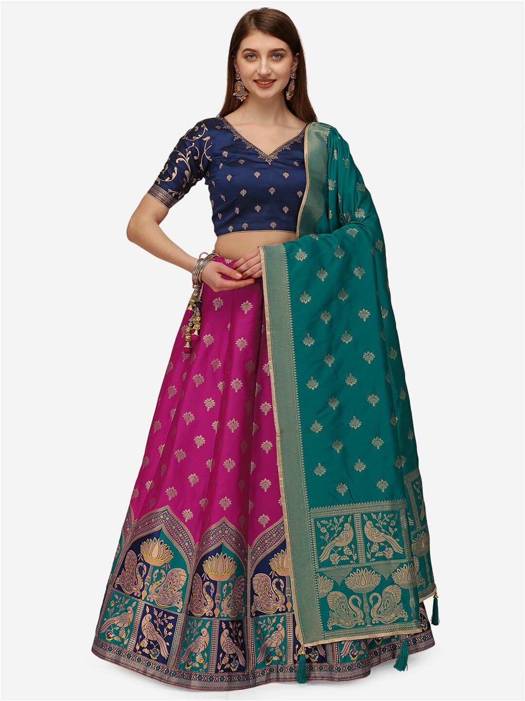 NAKKASHI Pink & Green Woven design  Semi-Stitched Lehenga & Unstitched Blouse With Dupatta Price in India