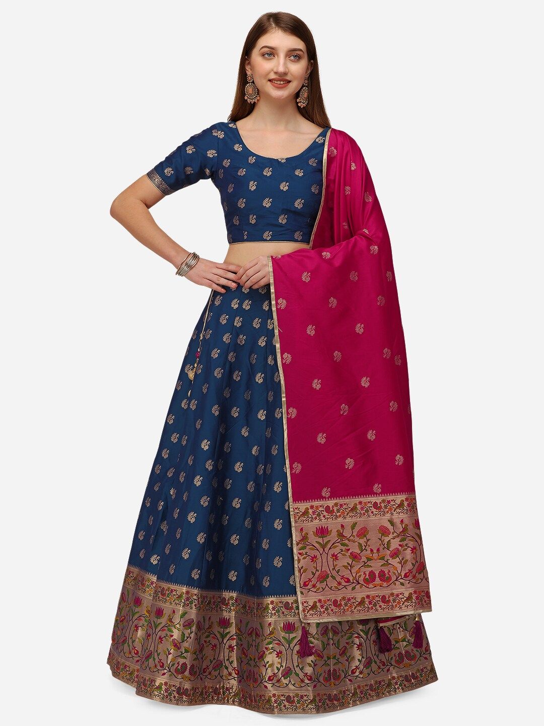 NAKKASHI Blue & Magenta Woven Design Semi Stitched Lehenga UnStitched Choli & Dupatta Price in India