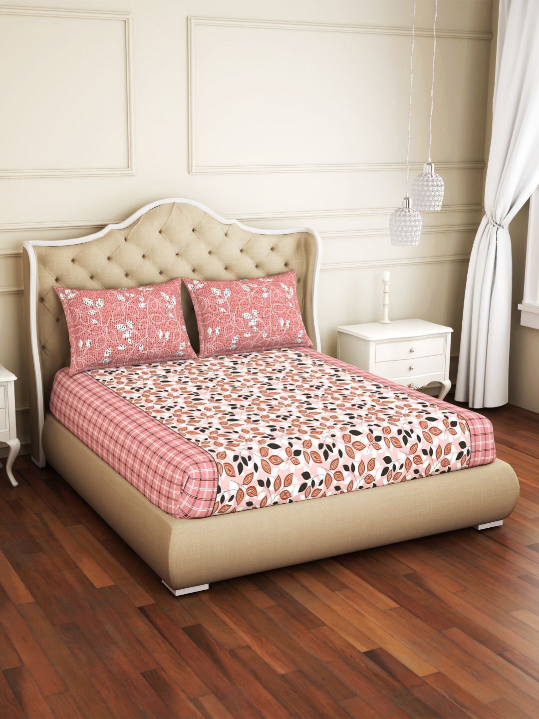 SPACES Pink & White 144 TC Cotton Queen Bedsheet with 2 Pillow Covers Price in India