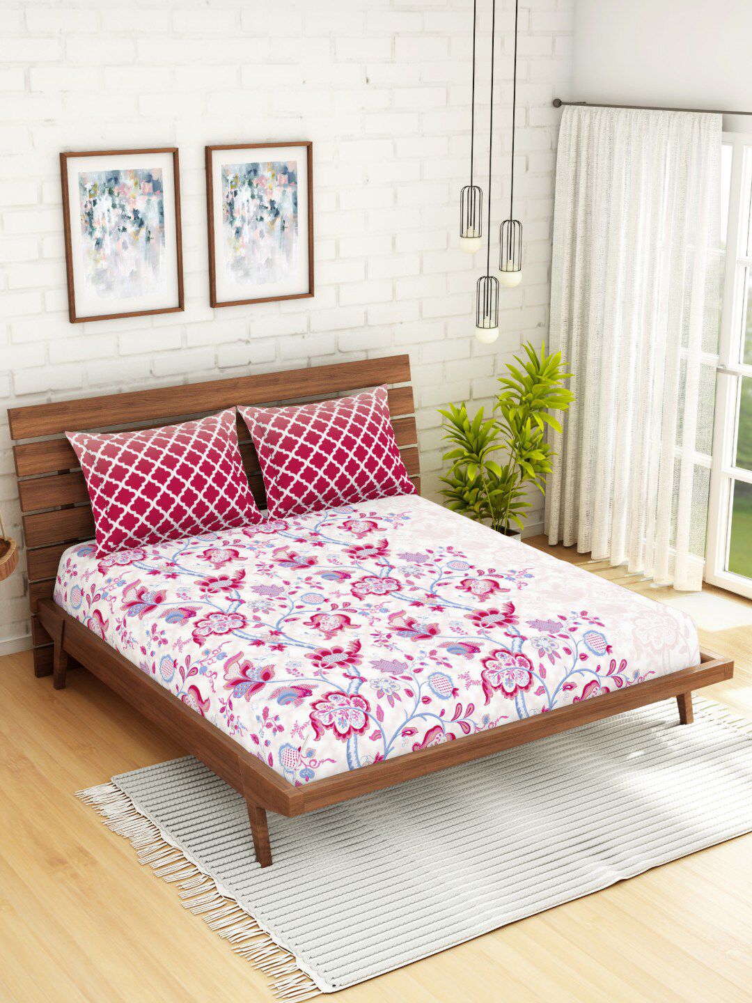 SPACES Pink & White Floral Pure Cotton 144 TC Queen Bedsheet with 2 Pillow Covers Price in India