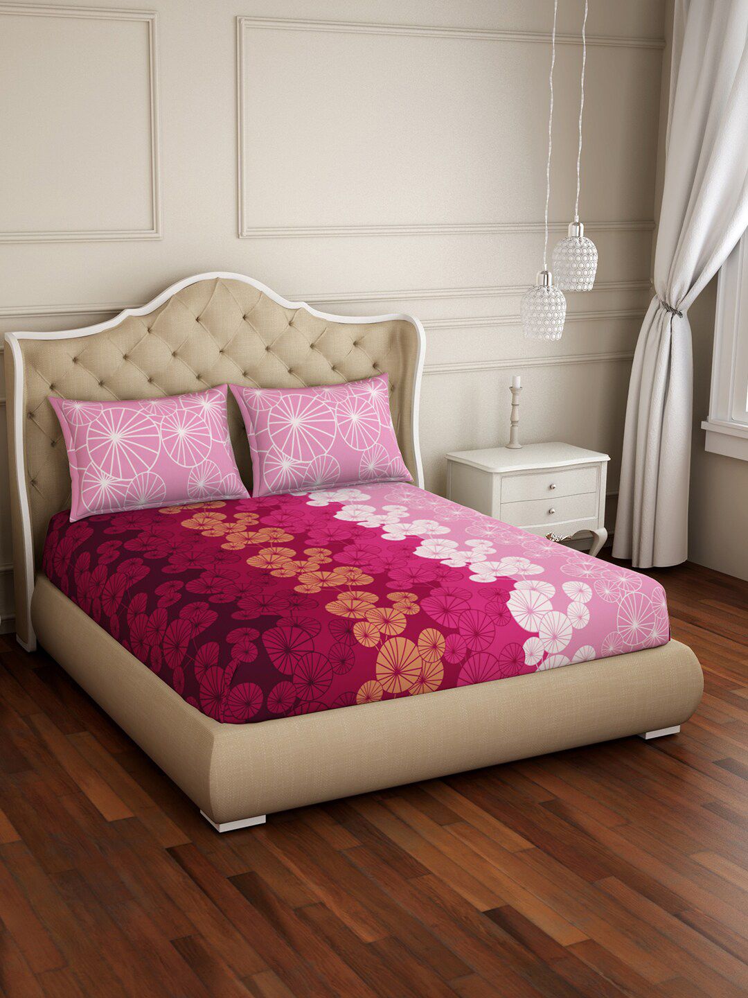 SPACES Pink Floral 144 TC Cotton Queen Bedsheet with 2 Pillow Covers Price in India