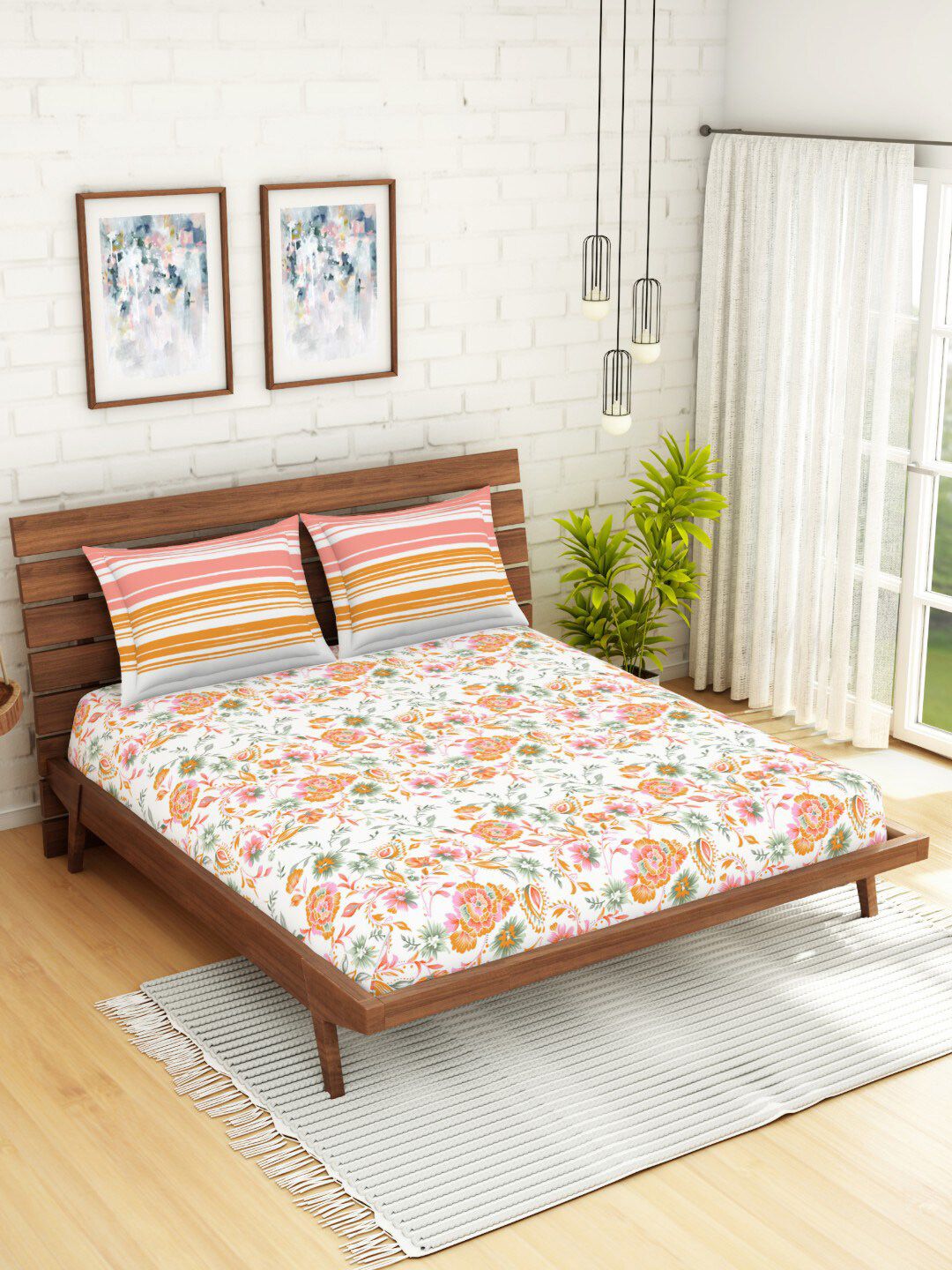 SPACES Peach-Coloured  Floral Printed 144 TC 1 Queen Bedsheet with 2 Pillow Covers Price in India