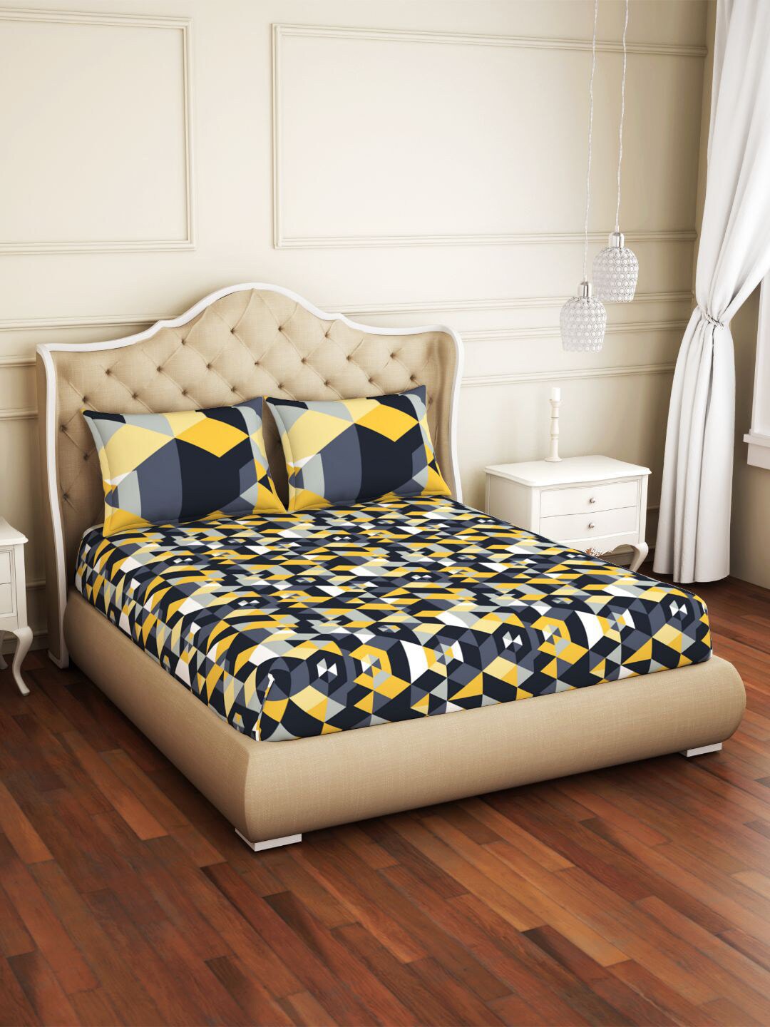 SPACES Black & Yellow Geometric Pure Cotton 144 TC Queen Bedsheet with 2 Pillow Covers Price in India