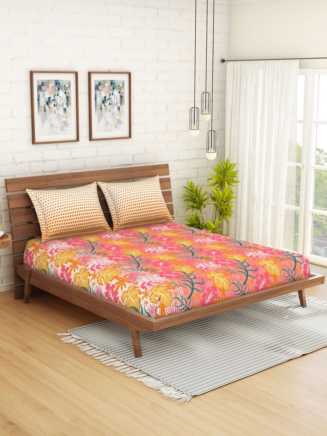 SPACES Peach-Coloured & Yellow Floral 144 TC Queen Bedsheet with 2 Pillow Covers Price in India