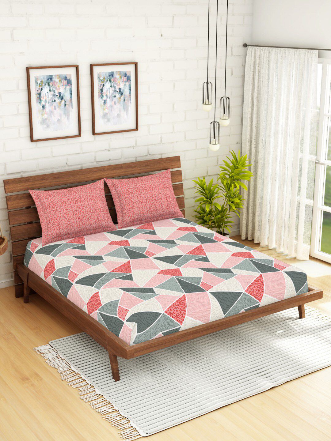 SPACES Peach & Cream Geometric Printed 144 TC Cotton Queen Bedsheet with 2 Pillow Covers Price in India