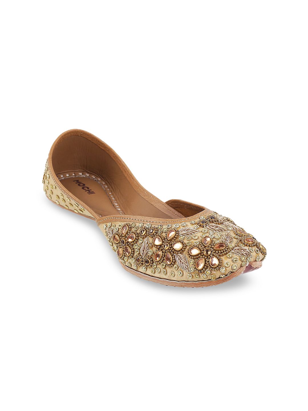 Mochi Women Gold-Toned Printed Mojaris Flats With Ethnic Embellishments Price in India