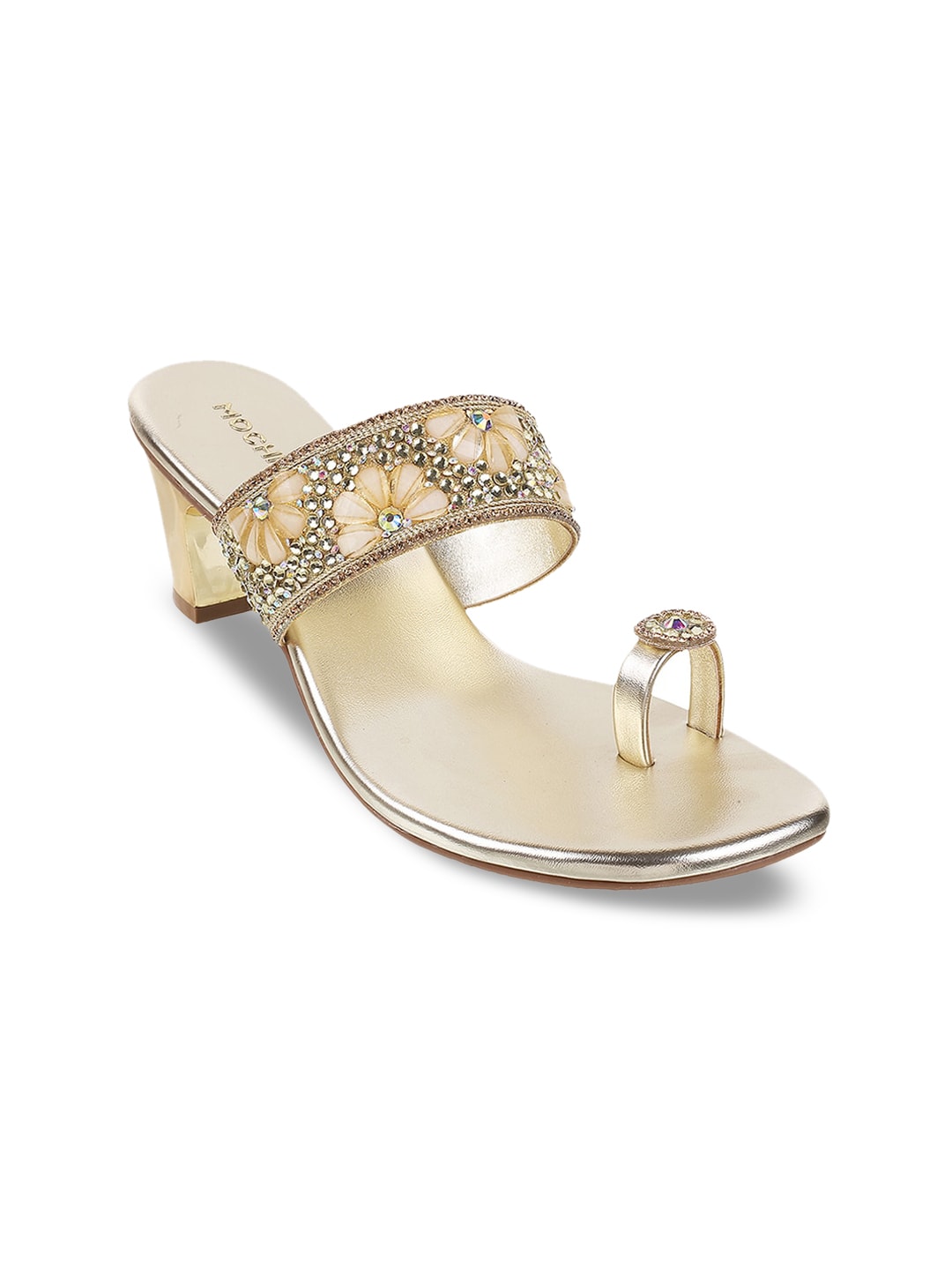 Mochi Gold-Toned Embellished Ethnic Block Sandals Price in India