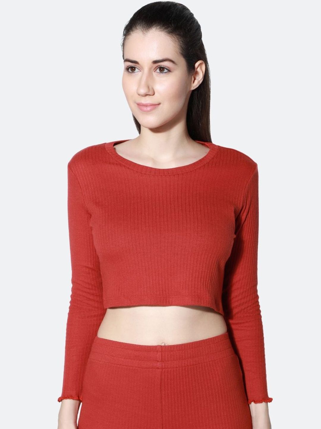 Silvertraq Women Rust Solid Cotton Crop Lounge Top Price in India