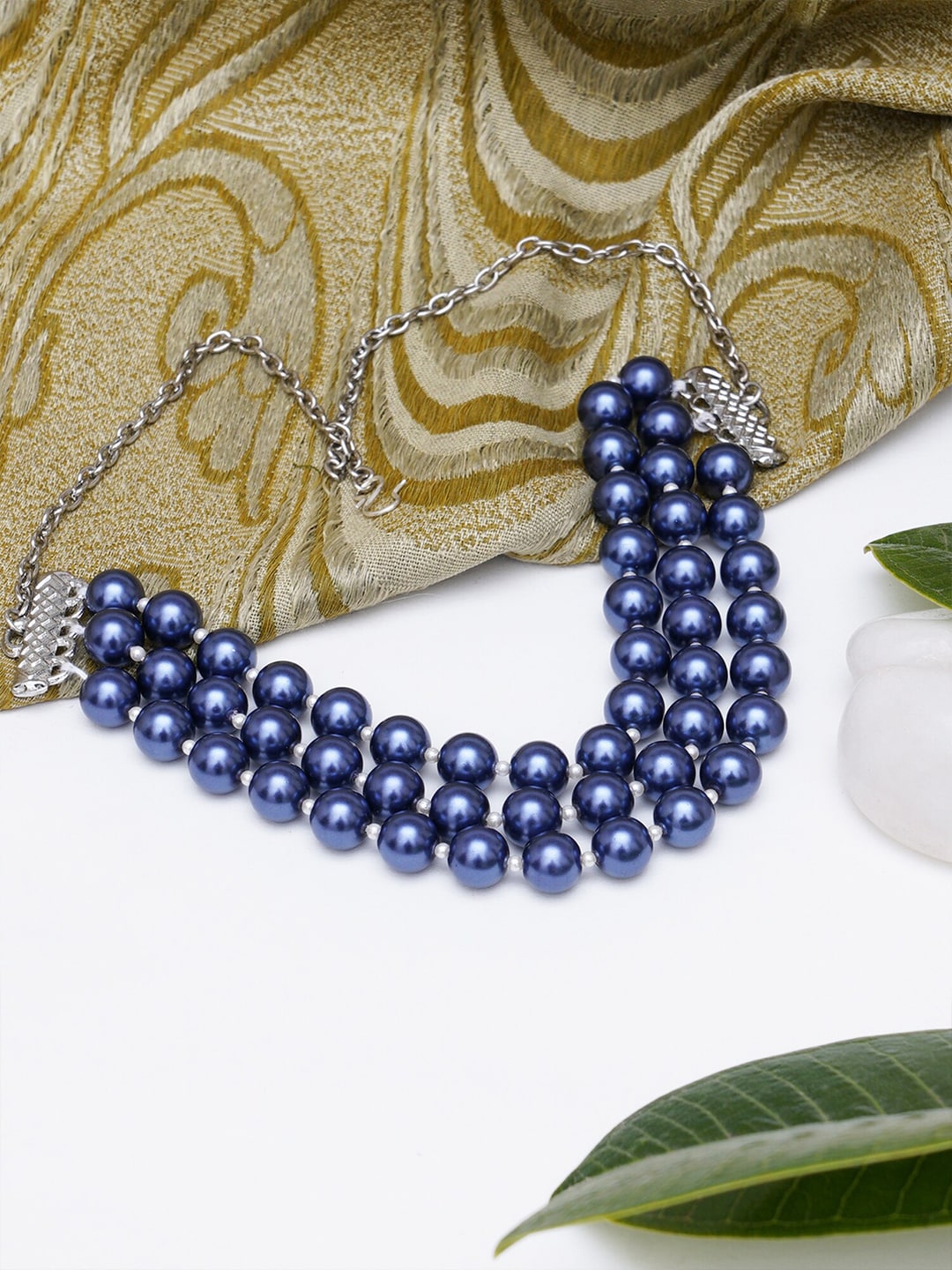 KARATCART Blue & Silver-Toned Beaded Choker Necklace Price in India