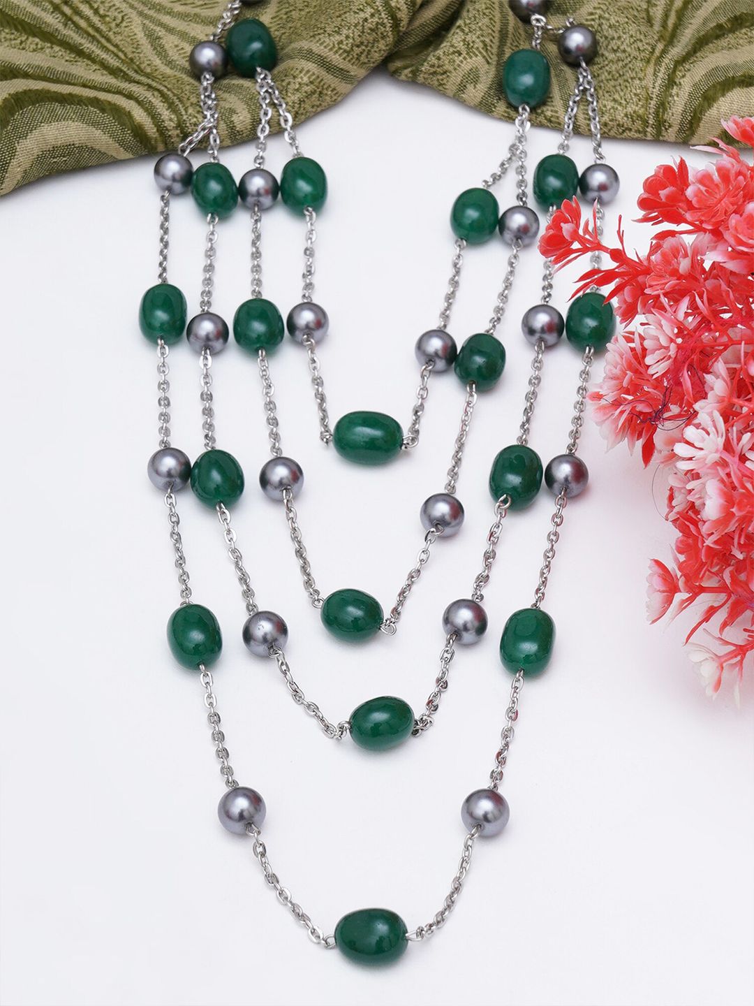 KARATCART Women Green & Silver-Toned Handcrafted Layered Necklace Price in India
