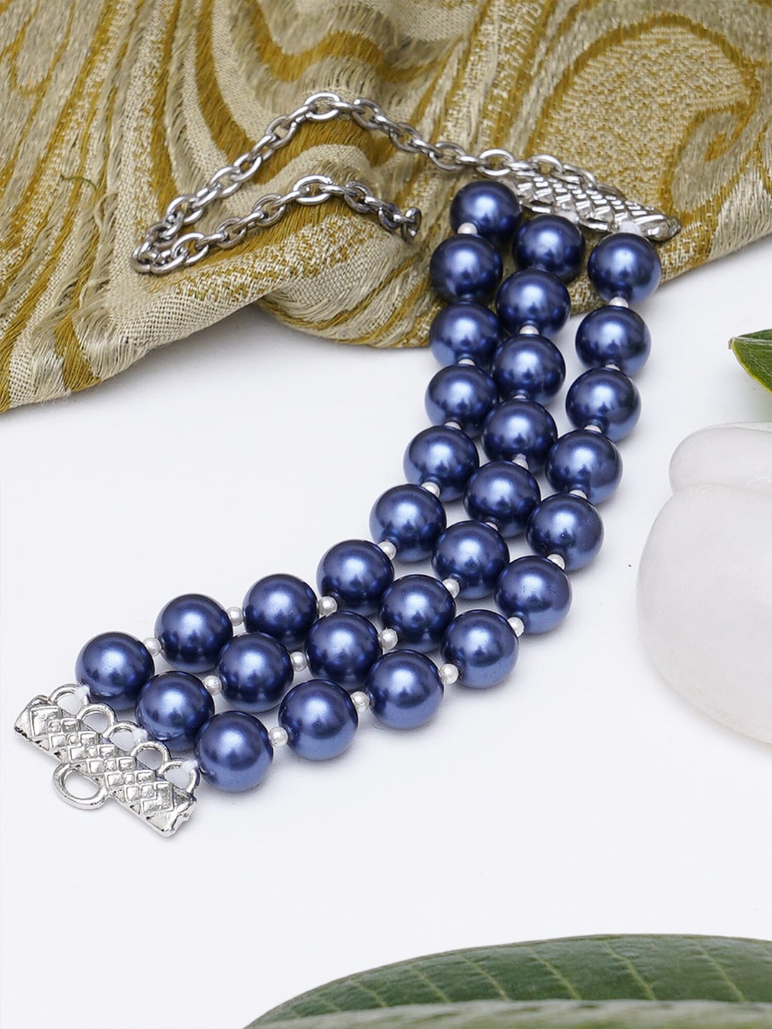 KARATCART Women Blue & Silver-Toned Pearls Silver-Plated Multistrand Bracelet Price in India