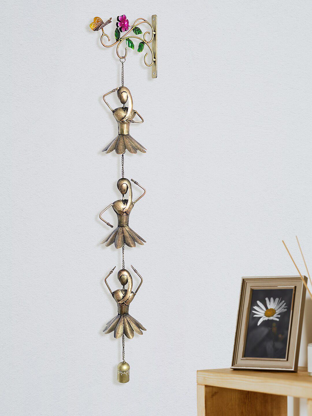 Golden Peacock Gold-Toned Metal Dolls Wind Chimes with Bells Wall Decor Price in India