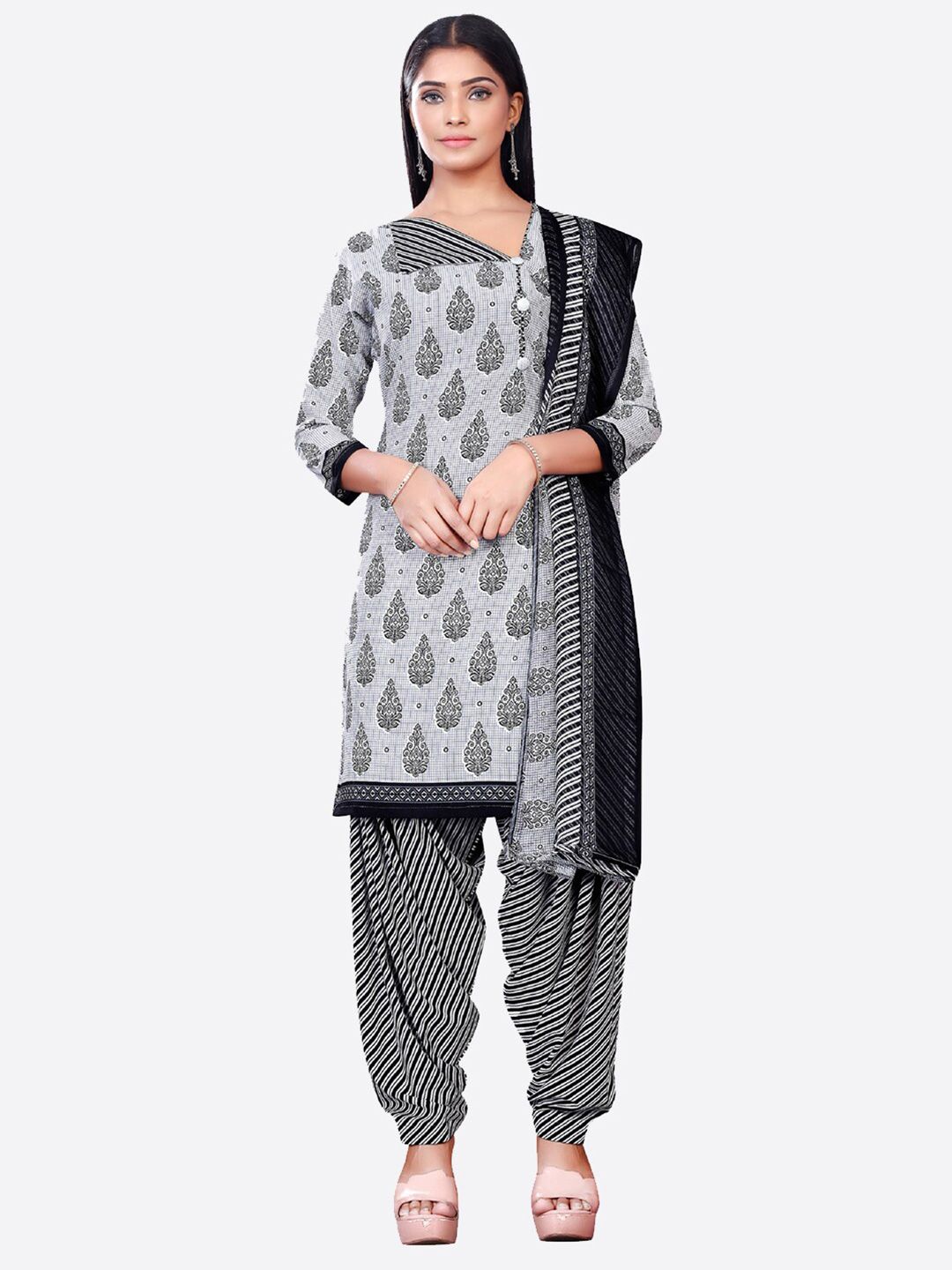 SALWAR STUDIO Grey & Black Printed Unstitched Dress Material Price in India