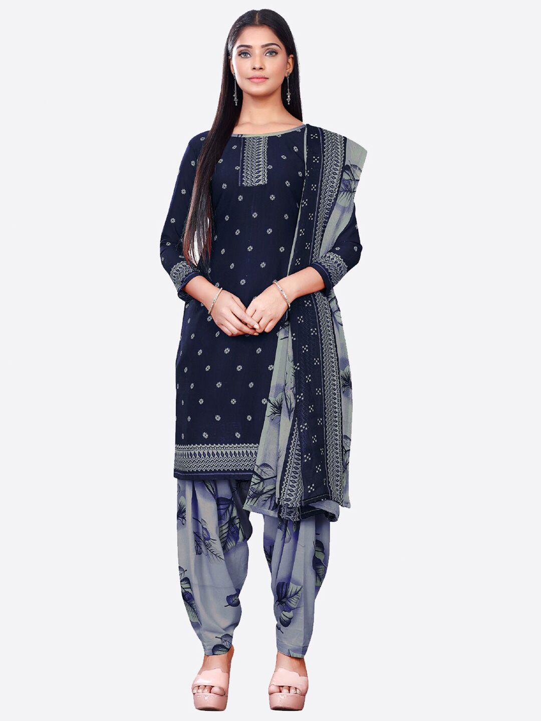 SALWAR STUDIO Women Navy Blue & Grey Printed Unstitched Dress Material Price in India