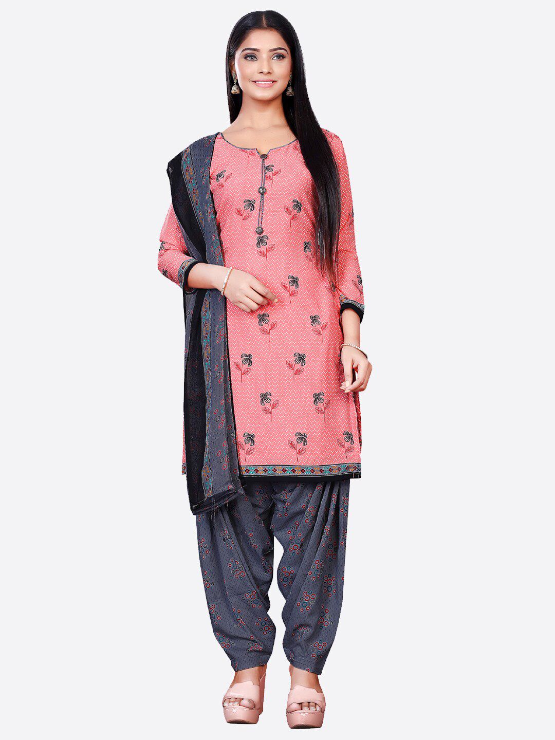 SALWAR STUDIO Pink & Grey Printed Unstitched Dress Material Price in India