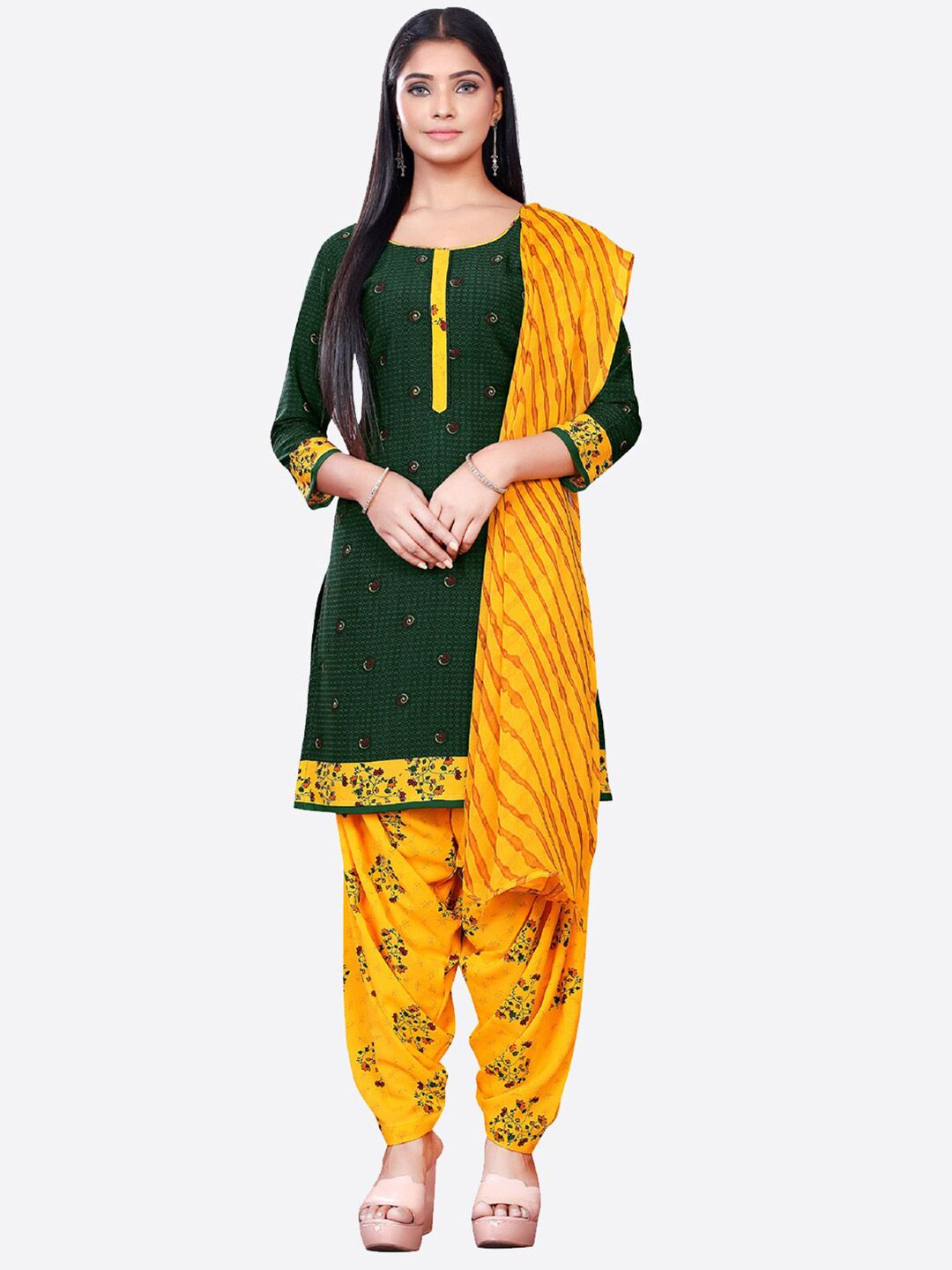 SALWAR STUDIO Women Green& Yellow Printed Unstitched Dress Material Price in India