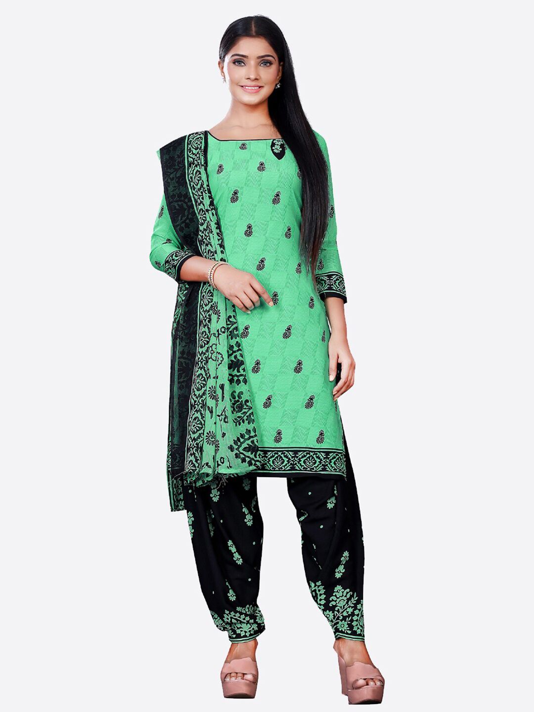 SALWAR STUDIO Green & Black Printed Unstitched Dress Material Price in India