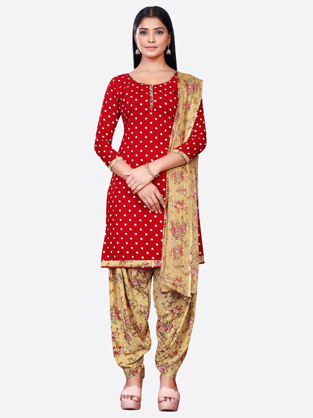 SALWAR STUDIO Women Red & Beige Printed Unstitched Dress Material Price in India