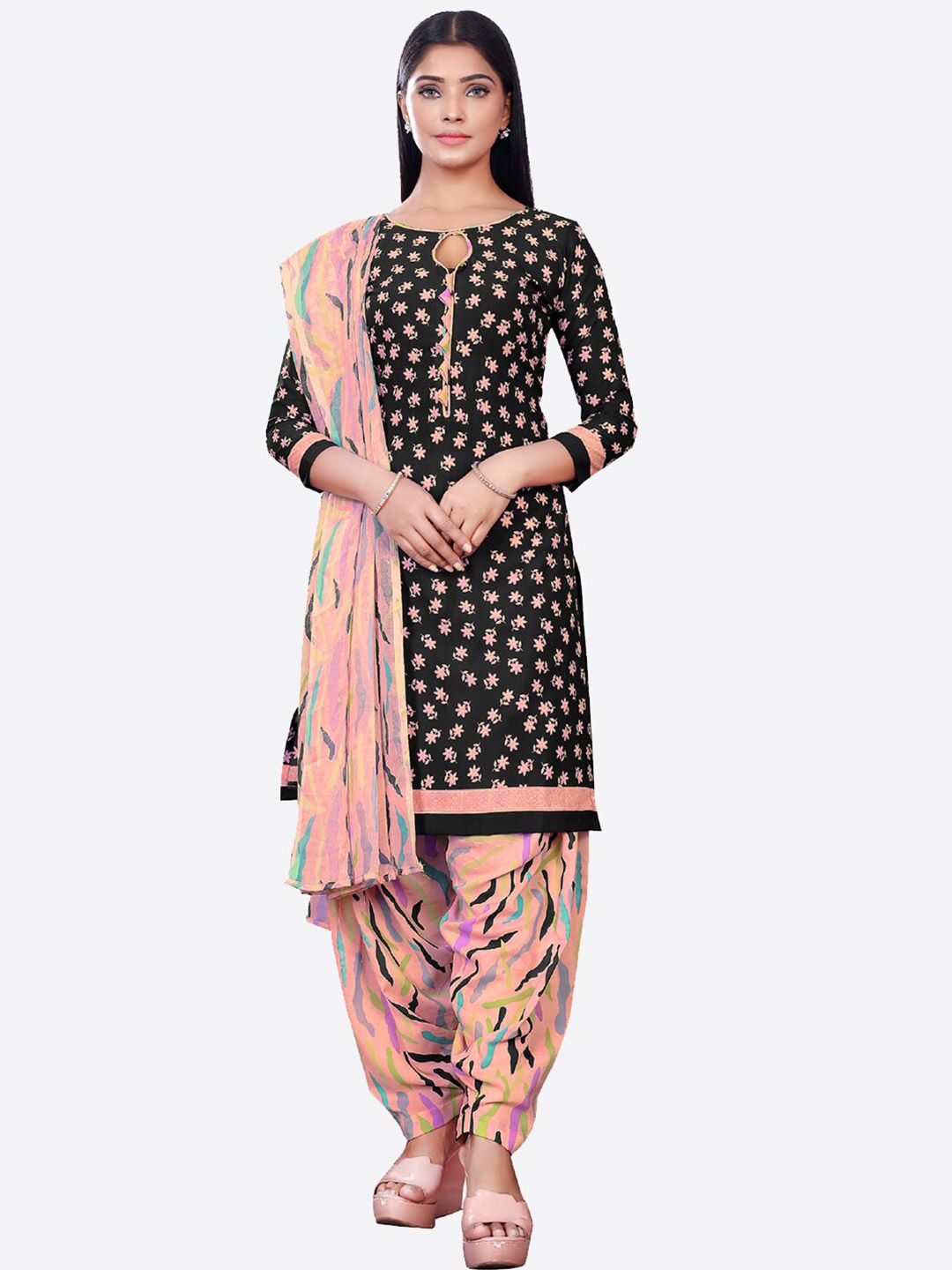 SALWAR STUDIO Women Black & Peach-Coloured Printed Unstitched Dress Material Price in India