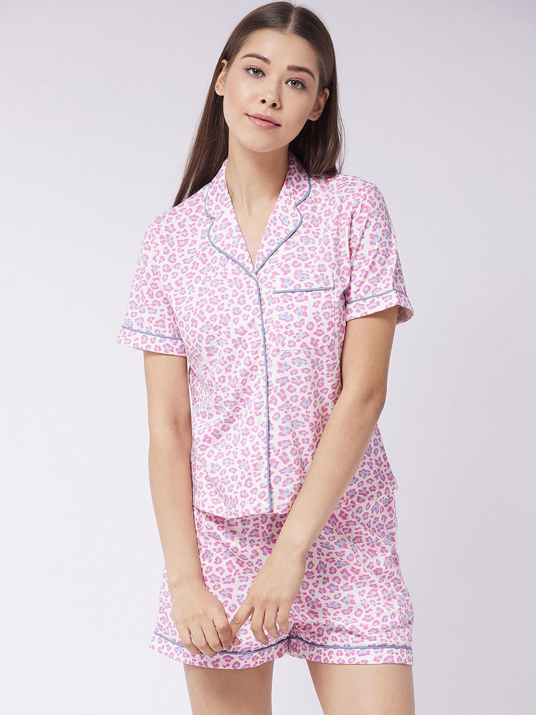 Miss Chase Women Off White & Pink Printed Cotton Night suit Price in India