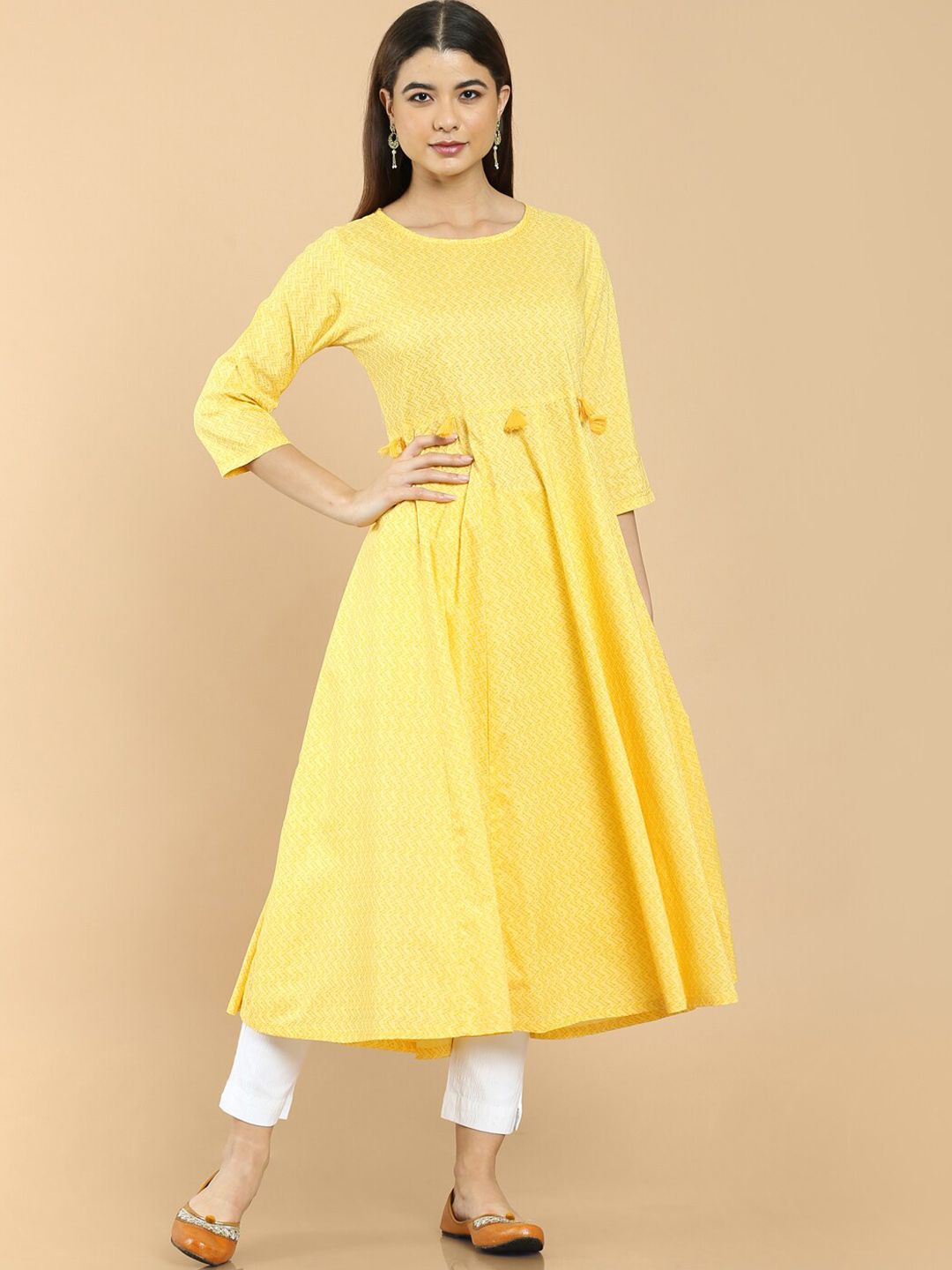 Soch Women Yellow Round Neck Three-quarter Sleeves Solid Rayon Kurta Price in India