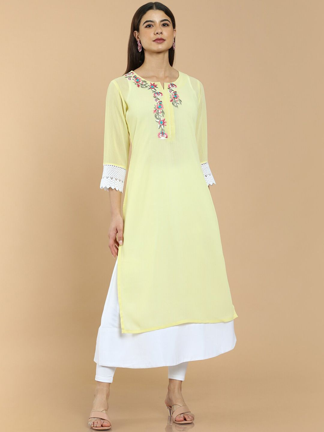 Soch Women Yellow Yoke Design Thread Work Chiffon Kurta Price in India