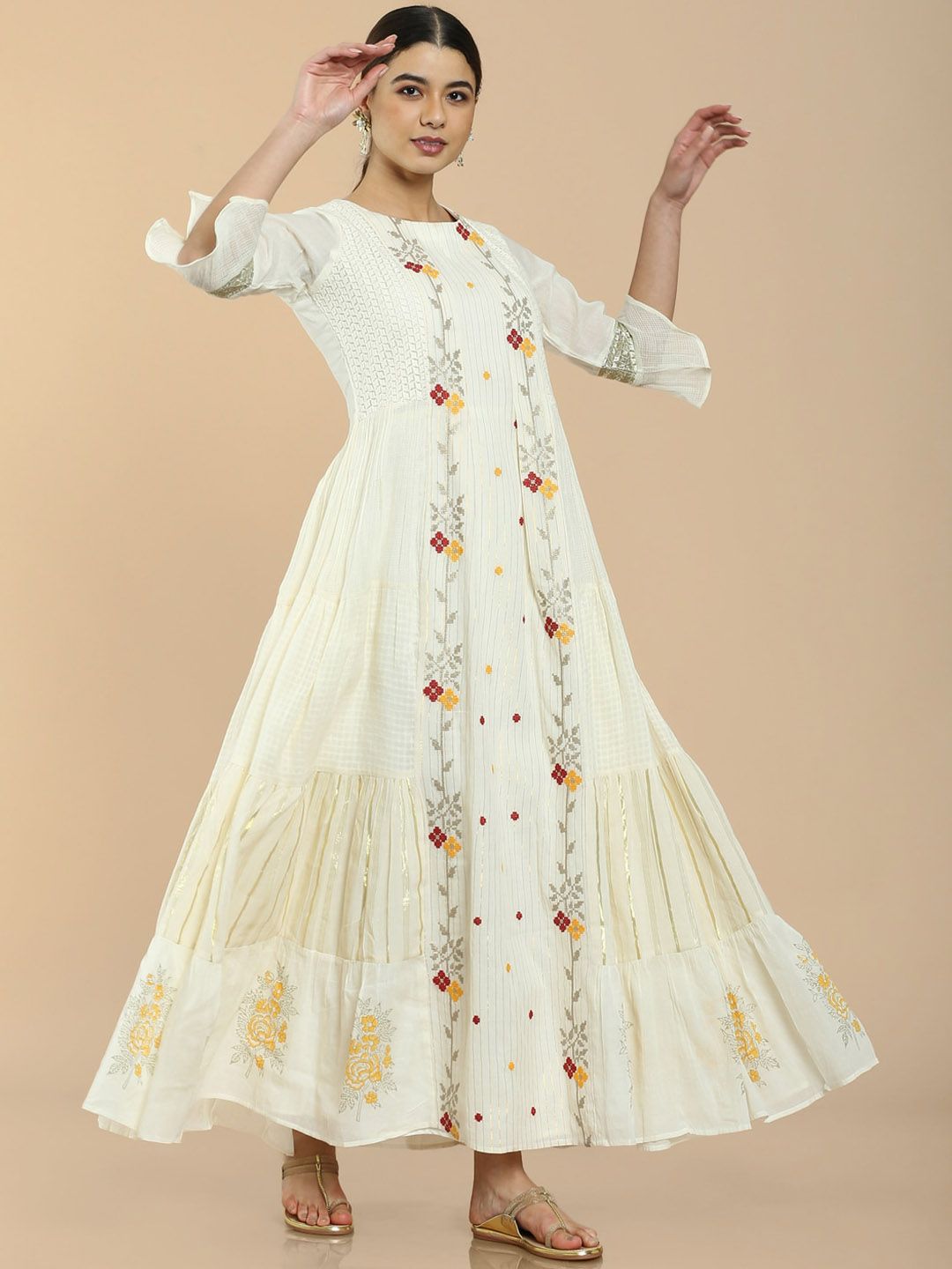 Soch Women Off White & Red Floral Embroidered Bell Sleeves Cotton Flared Kurta Price in India