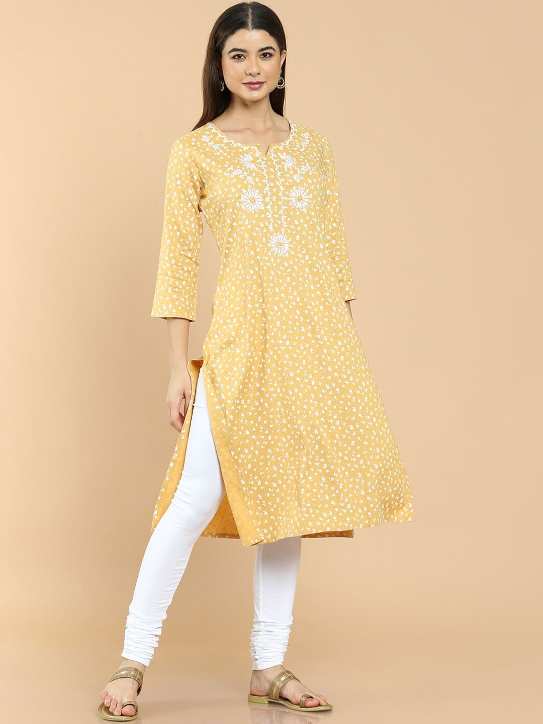 Soch Women Yellow & White Floral Printed Rayon Kurta With Embroidery Price in India