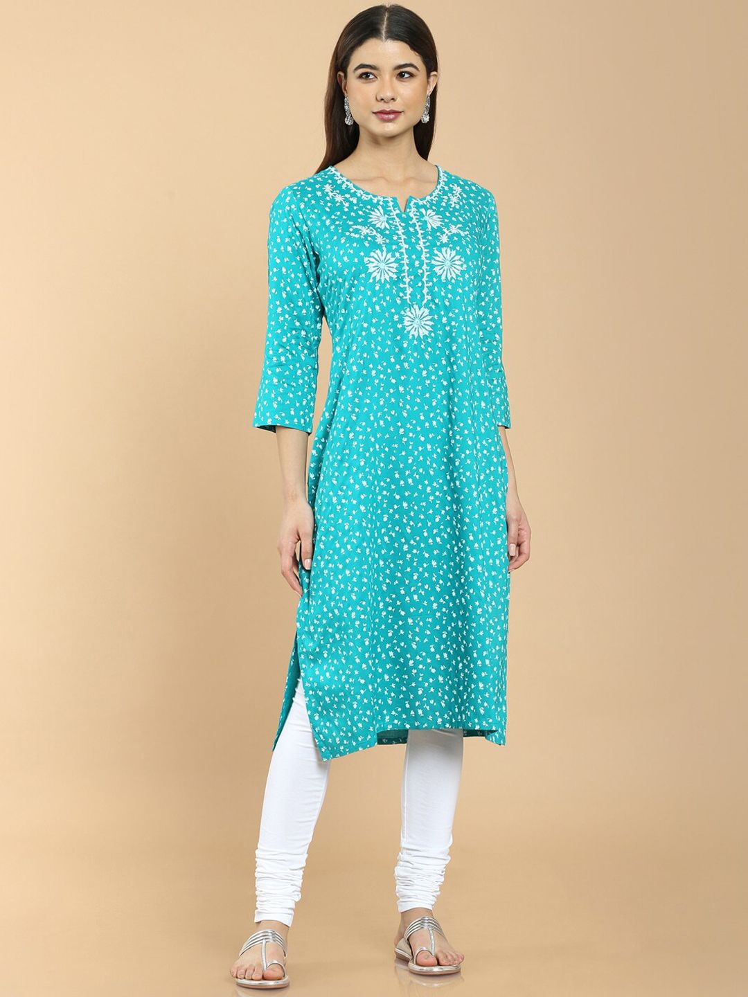 Soch Women Blue Printed Keyhole Neck Cold-Shoulder Sleeves Thread Work Rayon Kurta Price in India