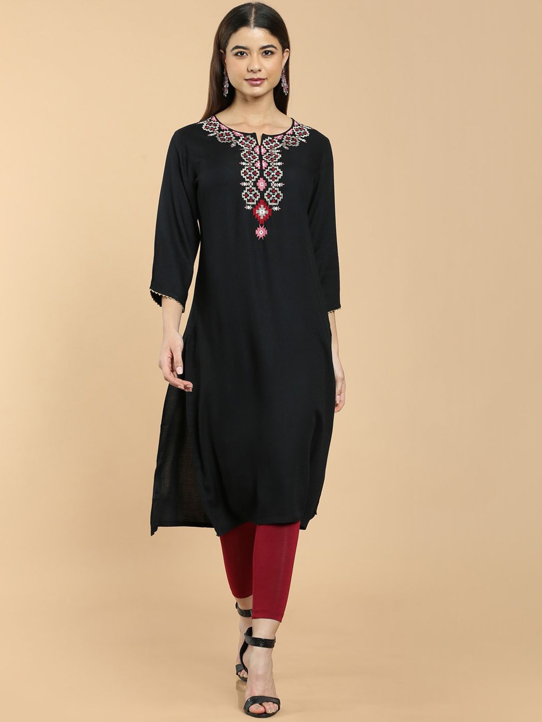Soch Women Black & Grey Geometric Embroidered Thread Work Rayon Kurta Price in India