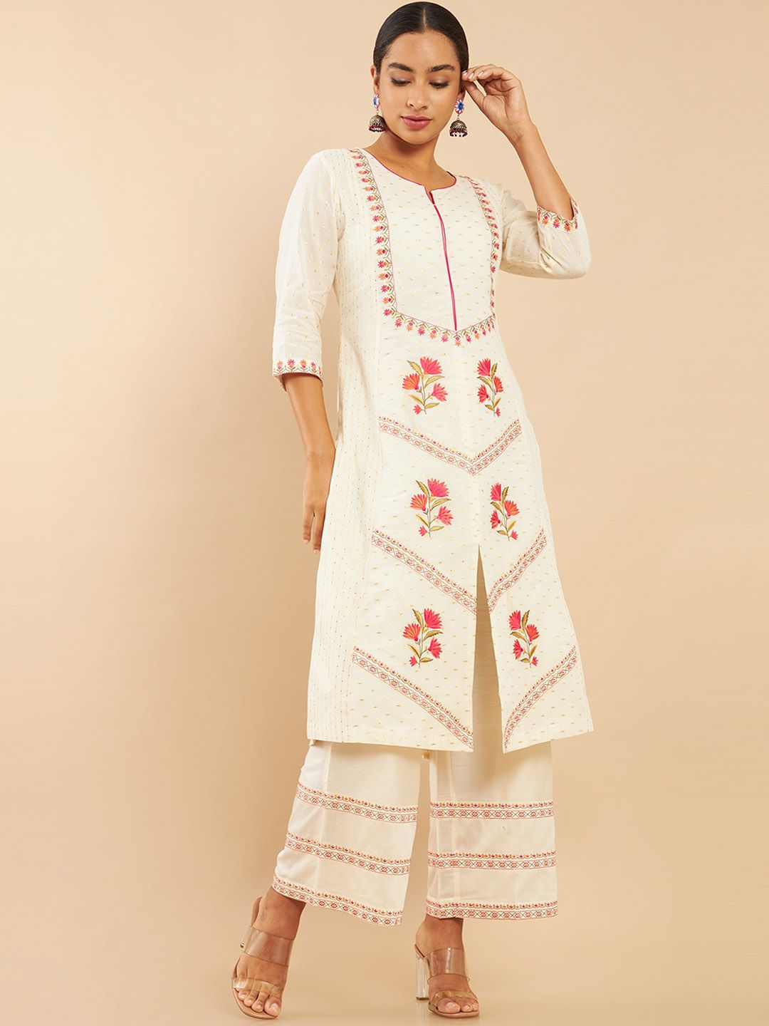 Soch Women White Floral Embroidered Layered Pure Cotton Kurta with Salwar & With Dupatta Price in India