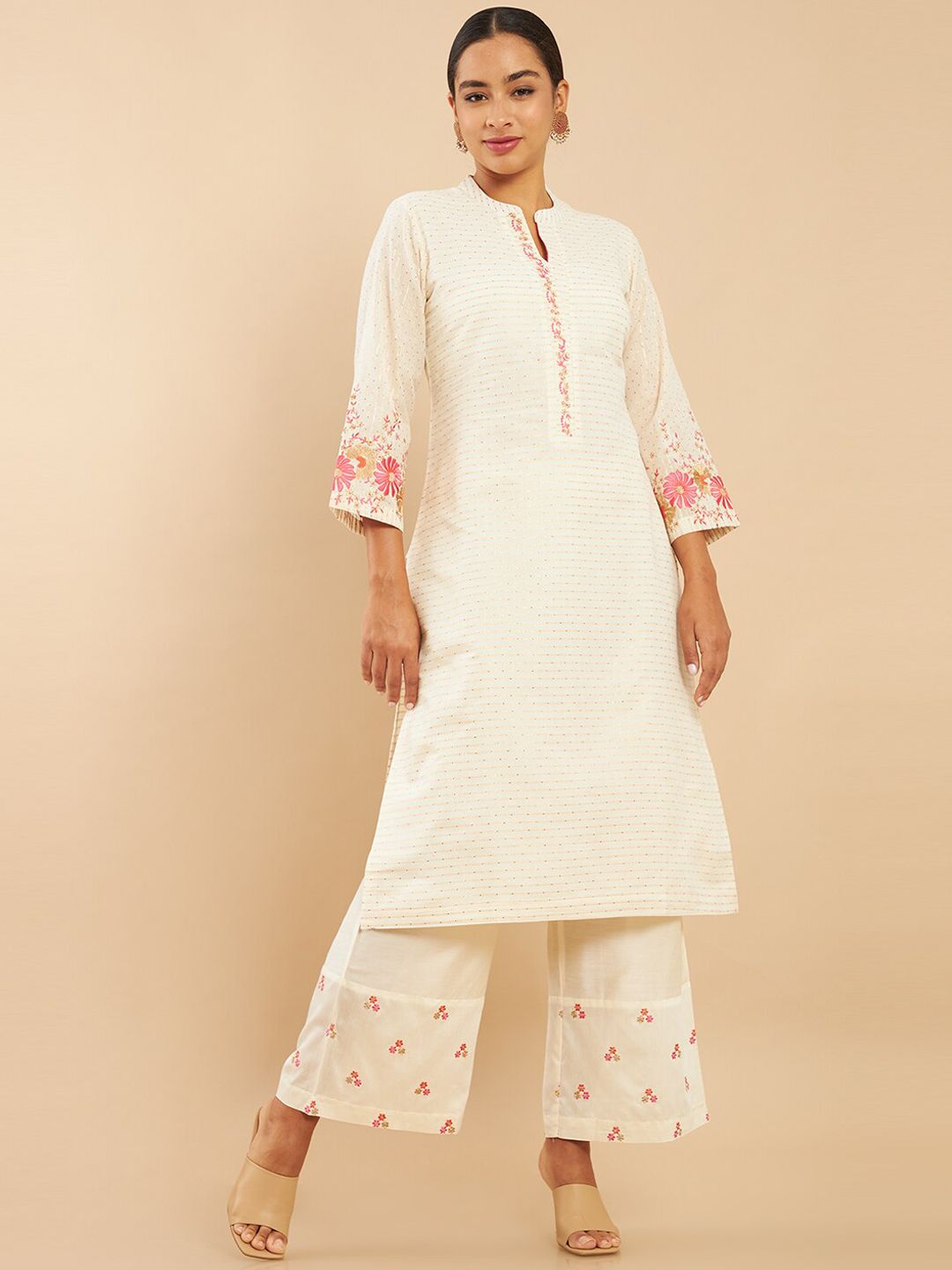 Soch Women Off-White Embroidered Panelled Pure Cotton Kurta with Trousers Price in India