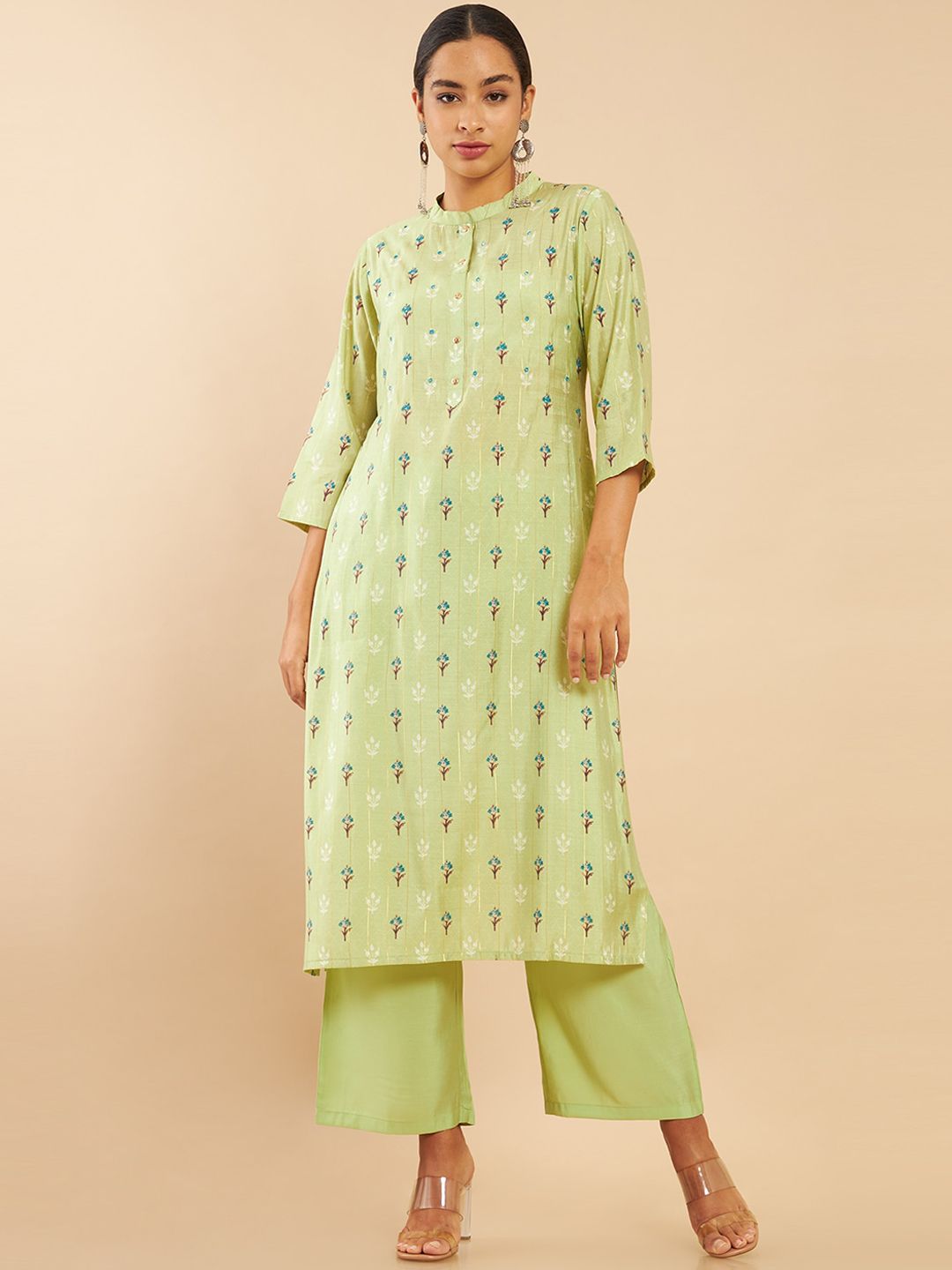 Soch Women Green Embroidered Panelled Chanderi Cotton Kurti with Trousers Price in India