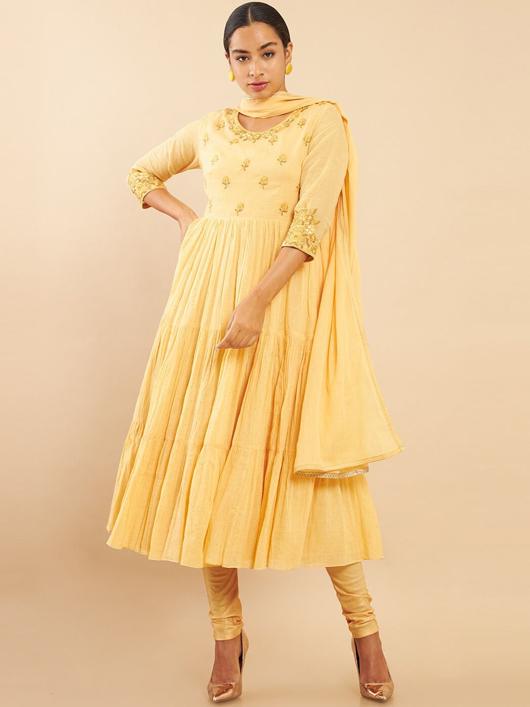 Soch Women Yellow Floral Embroidered Pure Cotton Kurta with Churidar & With Dupatta Price in India