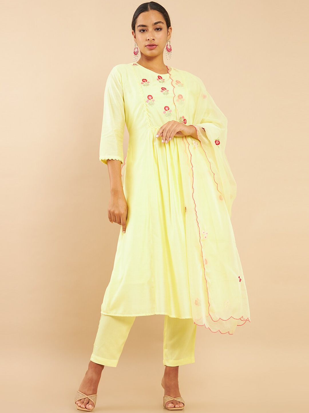 Soch Women Yellow Floral Embroidered Empire Chanderi Cotton Kurti with Trousers & With Dupatta Price in India