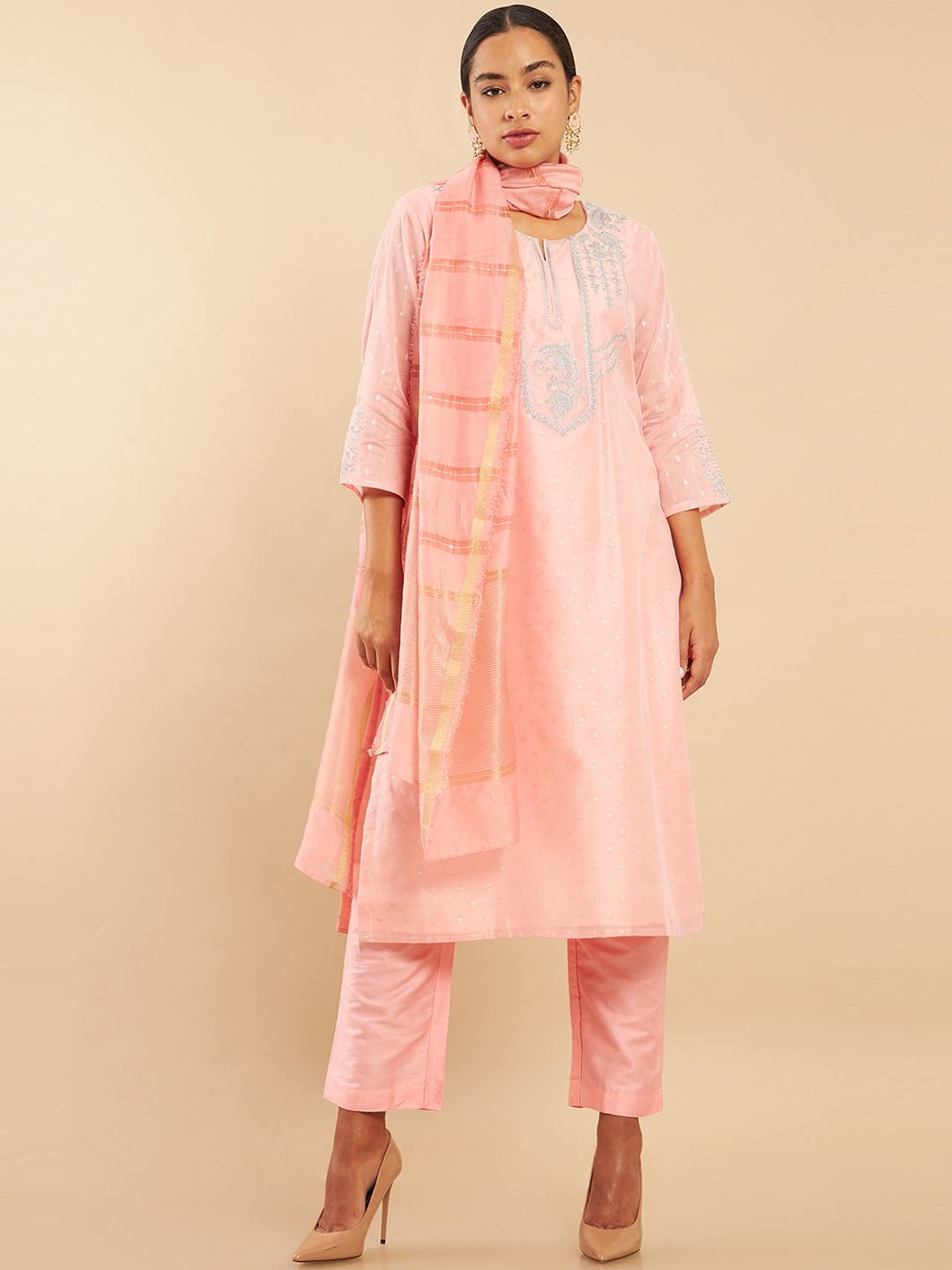 Soch Women Pink Panelled Chanderi Cotton Kurti with Trousers & With Dupatta Price in India