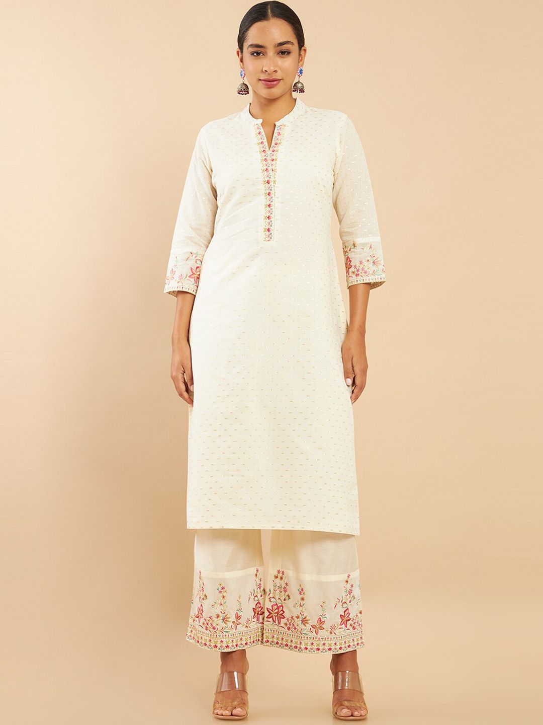 Soch Women White Floral Embroidered Cotton Pure Cotton Kurta With Palazzo Price in India