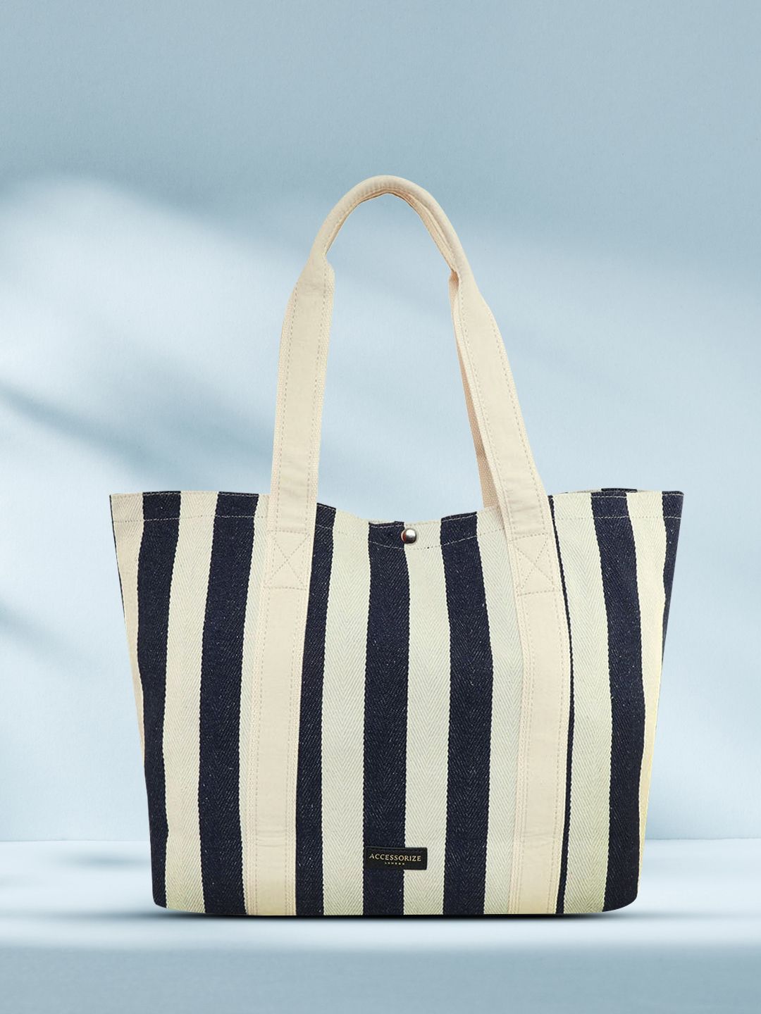 Accessorize Navy Blue Striped Oversized Shopper Tote Bag with Applique Price in India