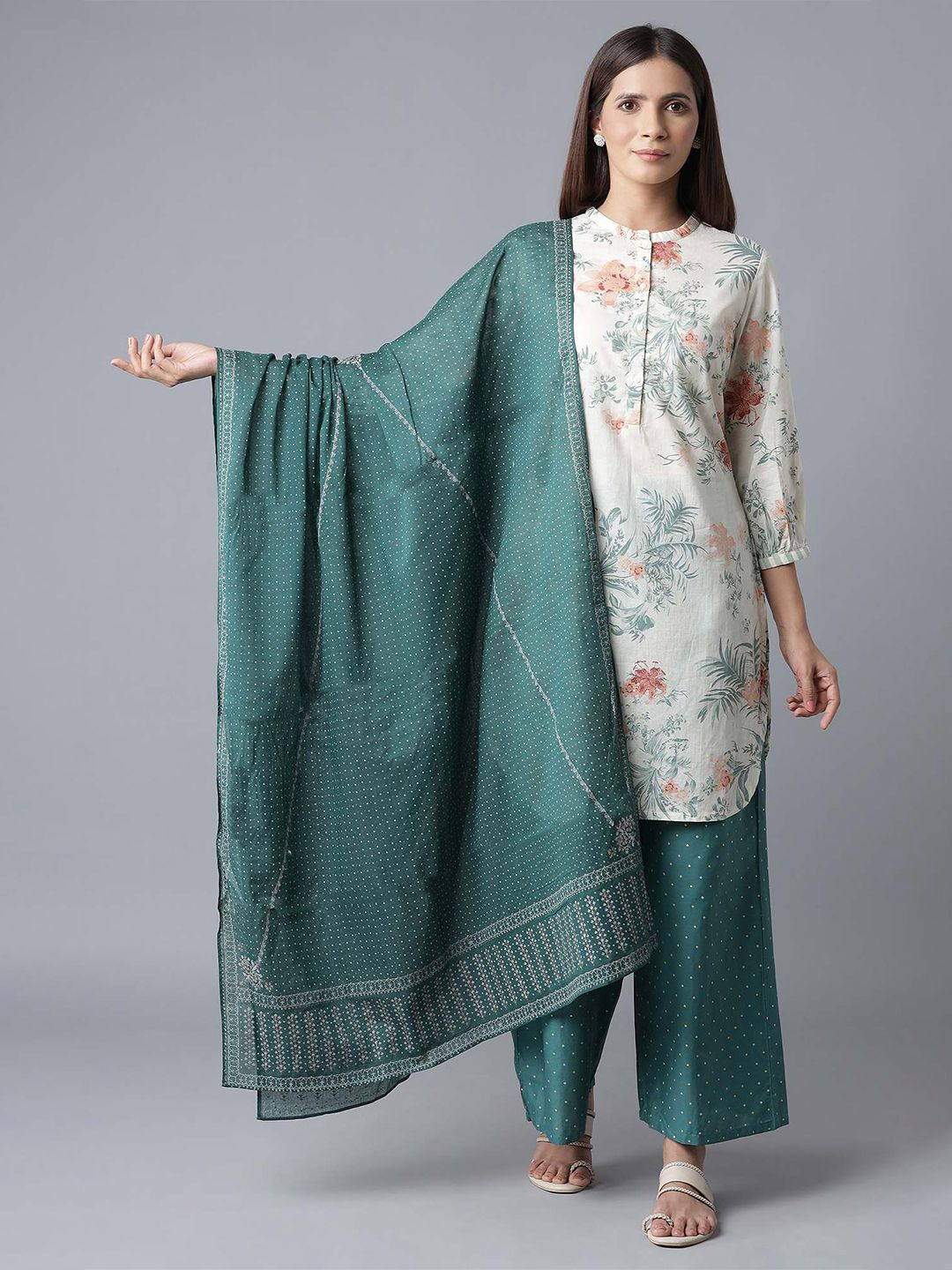 W Green & White Ethnic Motifs Printed Pure Cotton Dupatta Price in India