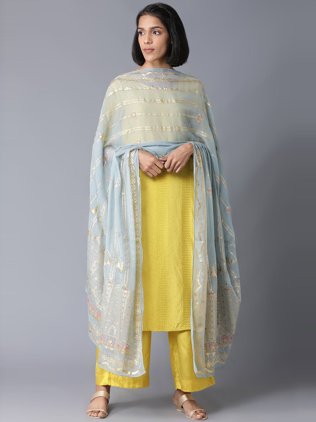 W Blue & Gold-Toned Ethnic Motifs Printed Organza Foil Print Dupatta Price in India