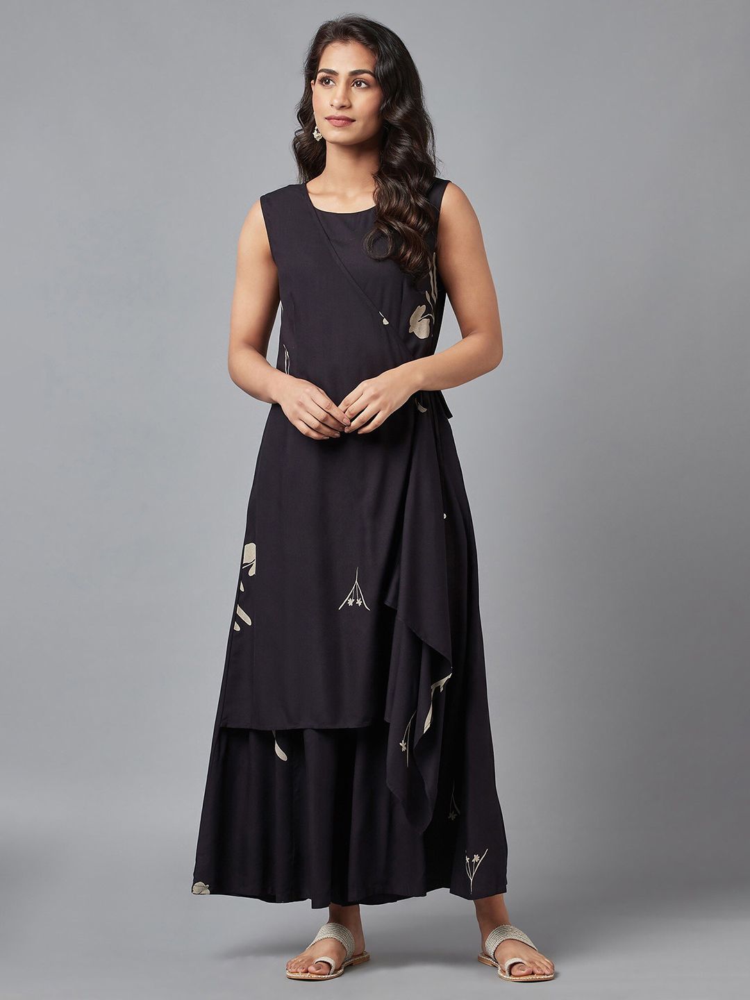 W Black & Off-White Printed Ethnic Layered Basic Jumpsuit Price in India