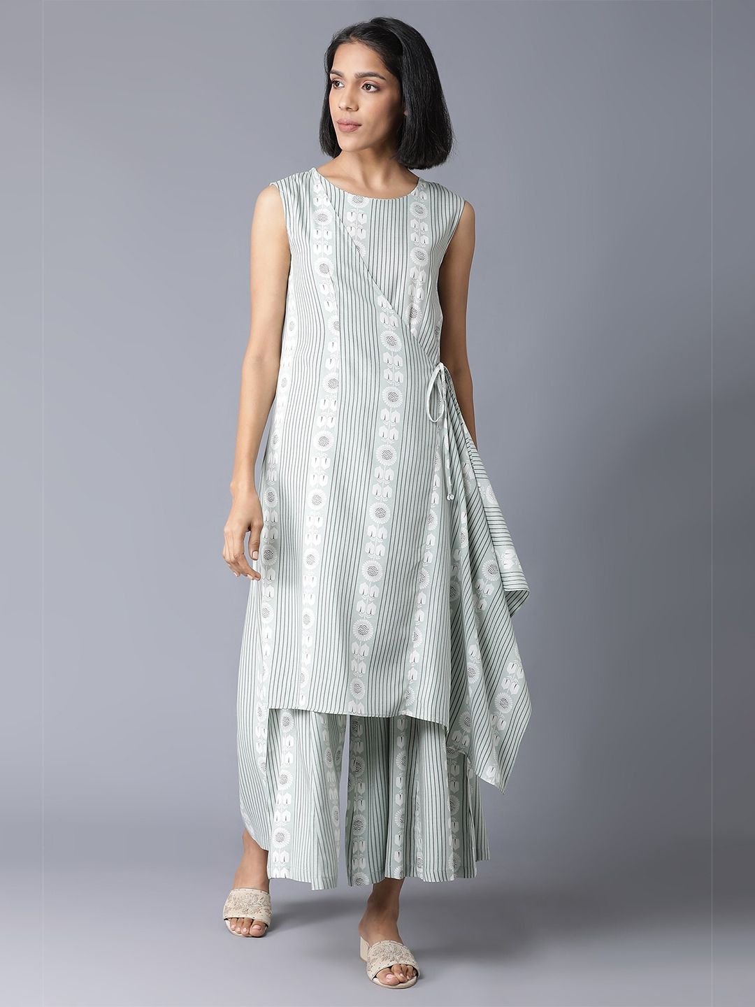 W Women Sage Green & White Printed Rayon Basic Jumpsuit Price in India
