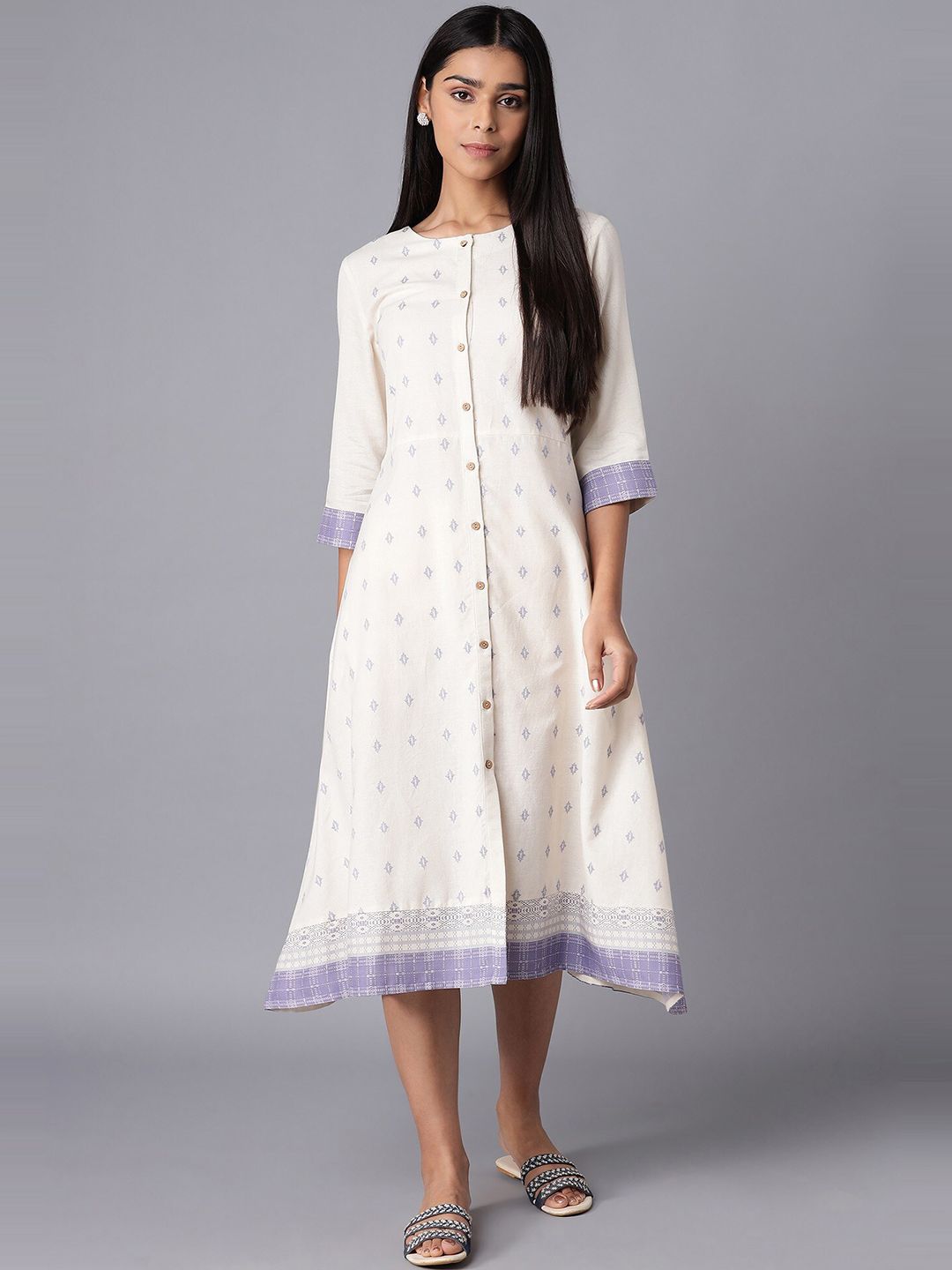 W Off-White & Purple Ethnic Motifs Printed A-Line Midi Dress Price in India