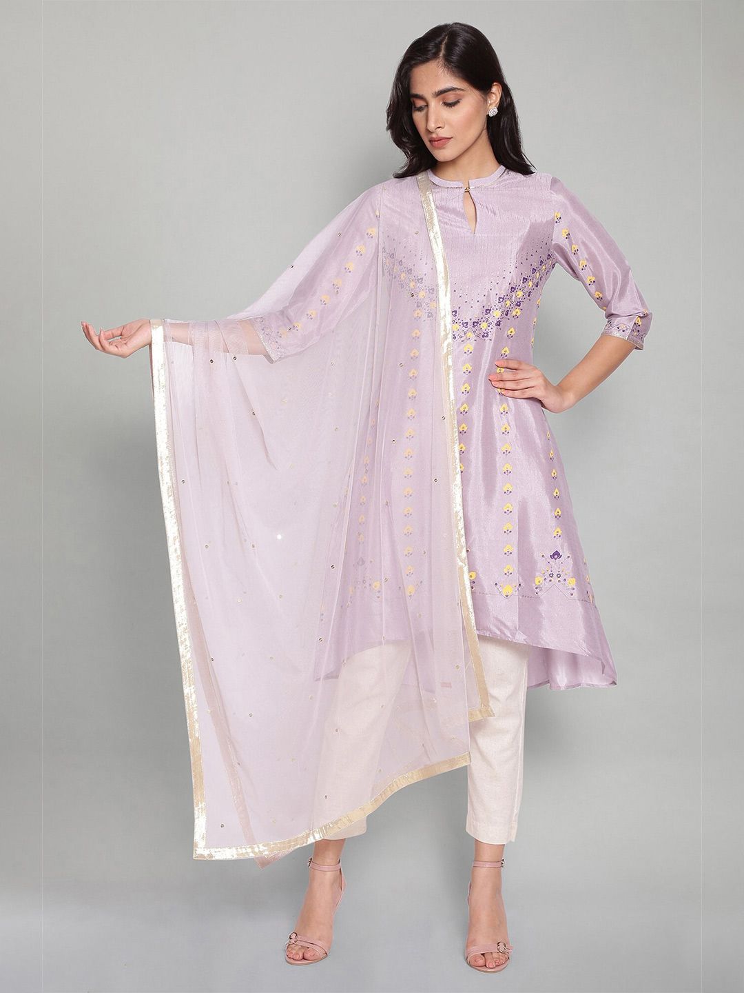 W Purple & Gold-Toned Organza Dupatta with Sequinned Price in India