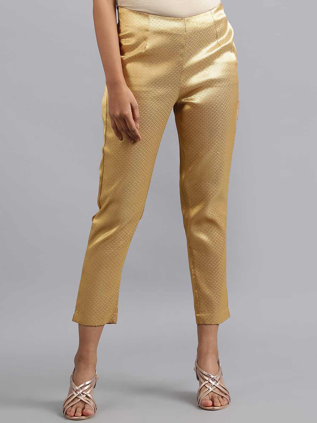 W Women Gold-Toned Printed Slim Fit Pleated Culottes Trousers Price in India