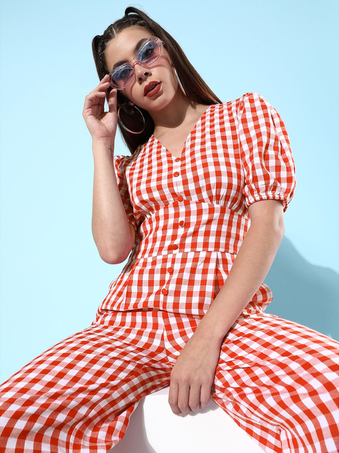 The Vanca Women Gorgeous Red Checked Summer Gingham Jumpsuit Price in India