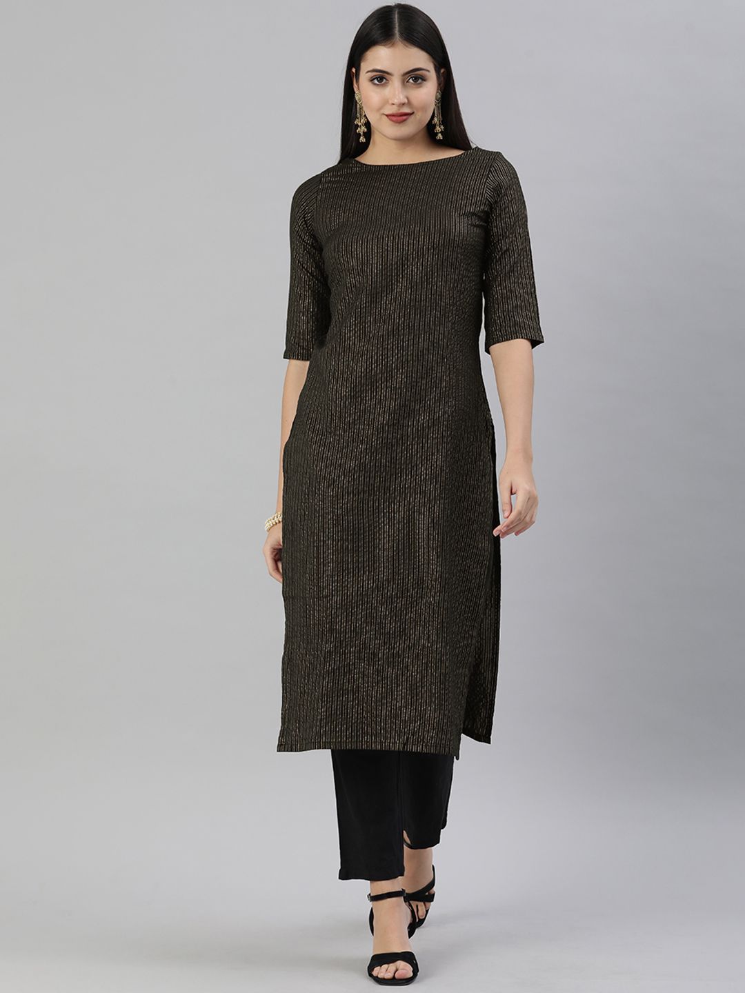 KALINI Black & Gold-Toned Striped Boat Neck Kurti